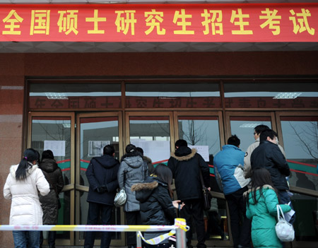 Candidates of the 2010 national entrance exam for postgraduate studies wait to enter the exam room in Qingdao University in Qingdao, east China&apos;s Shandong Province, January 9, 2010. Approximately 1.4 million apply for the 2010 national entrance exam for postgraduate studies, up 13 percent compared to the last year.