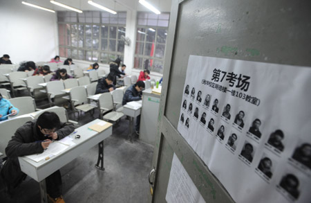 Candidates of the 2010 national entrance exam for postgraduate studies take part in the exam at Southwesten University of Finance and Economics in Chengdu, capital of southwest China&apos;s Sichuan Province, on January 9, 2010. 