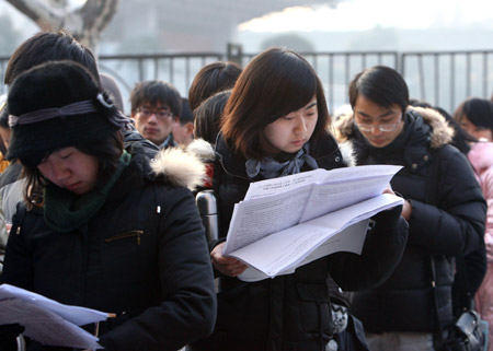 Candidates review before entering the exam room at Shanghai Normal University in Shanghai, east China, on January 9, 2010.