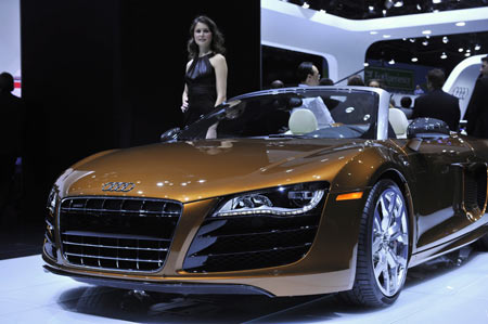 An Audi R8 is on display during the media preview of the 2010 North American International Auto Show (NAIAS) at Cobo center in Detroit, Michigan, the United States, January 11, 2010.