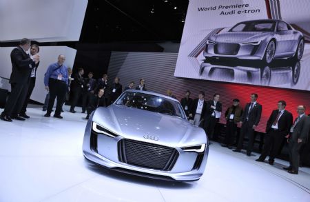 A new Audi E-tron is unveiled during the media preview of the 2010 North American International Auto Show (NAIAS) at Cobo center in Detroit, Michigan, US, January 11, 2010. 