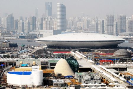 Photo taken on January 12, 2010 shows a new look of the Asian Halls under construction at the World Expo Garden in Shanghai, east China.