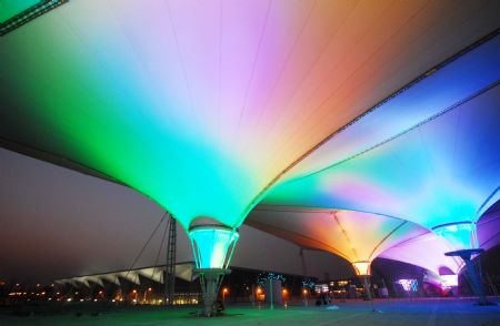 Photo taken on January 12, 2010 shows the scenery of the Expo Axis during a trial illumination in the Expo Park in Shanghai, east China. 