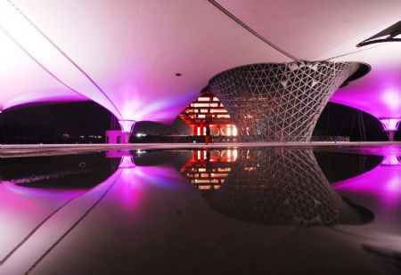 Photo taken on January 12, 2010 shows the scenery of the Expo Axis during a trial illumination in the Expo Park in Shanghai, east China. 