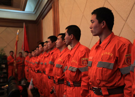 A 50-member Chinese rescue team is ready to depart for quake-hit Haiti, at the Capital International Airport in Beijing, capital of China, January 13, 2010. 