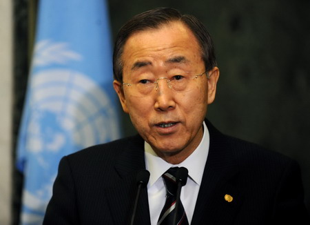 United Nations Secretary General Ban Ki-Moon briefs reporters on the current situation after the earthquake in Haiti at UN headquarters in New York, January 13, 2010.