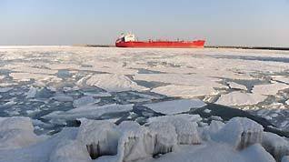 A vessel in berthed amid floating ice chunks in Laizhou Port of Laizhou City, east China's Shandong Province, January 15, 2010. The worst sea ice in 30 years appeared from early January along the coastline of the Bohai Sea and the Yellow Sea as cold fronts pushed temperature to minus 10 degrees Celsius and below. By now over 40% of the sea surface of Bohai Sea has iced up.