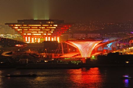 Photo taken on January 16, 2010 shows the effulgent illumination in trial operation to the China Pavilion and Sunshine Valley of 2010 Shanghai World Expo, in Shanghai, east China. 