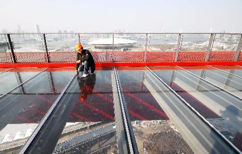 Photo taken on January 18, 2010 shows the newly-completed suspending sightseeing corridor on the overstorey of the China Pavilion of the 2010 Shanghai World Expo, in Shanghai, east China.