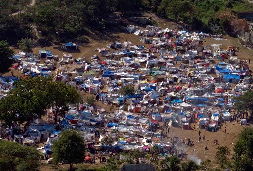 The picture taken on January 18, 2010 shows a bird's-eye view of a makeshift refugee camp in Haitian capital of Port-au-Prince. Haiti was rocked by a massive earthquake on January 12, 2010, devastating the city and leaving thousands dead.