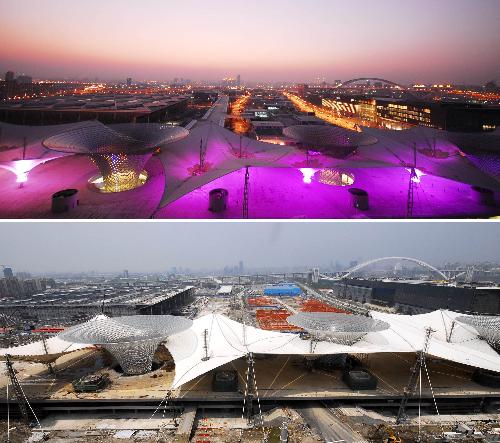 Combo photo shows the Shanghai World Expo axis illuminated on Jan. 18, 2010 (top) and on July 5, 2009(bottom) in Shanghai, east China. 