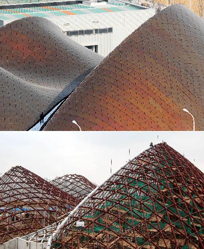 Combo photo shows the United Arab Emirates Pavilion of Shanghai World Expo taken on Jan. 18, 2010 (top) and that of the same scene taken on Aug. 31, 2009 (bottom) in Shanghai, China.