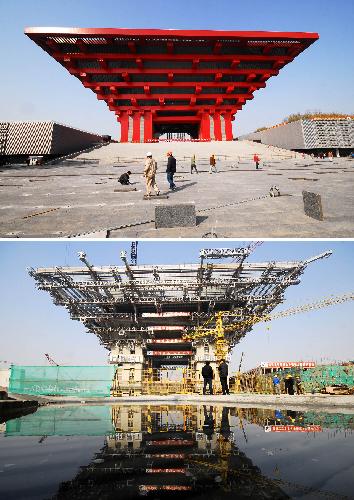 Combo photo shows the China Pavilion of Shanghai World Expo taken on Jan. 18, 2010(top) and on Dec. 17, 2008 (bottom) in Shanghai, China. (Xinhua Photo)