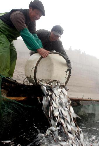 Two workers with local fishery administration are engaged in pouring the fries into water in Hangzhou, east China's Zhejiang Province, January 18, 2010. 