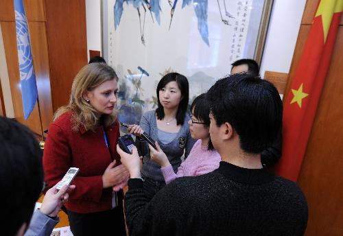 Anthea Webb, director of World Food Programme (WFP) China, receives interview in Beijing, China, January 22, 2010. UN officials in China appreciated China's assistance to the quake-hit Haiti during a collective interview on Friday. 