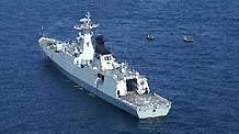 The picture taken on January 22, 2010 shows 'Maanshan' Warship convoys Chinese merchant ships in the Gulf of Aden. The frigate is on an escort mission as part of a Chinese naval flotilla.