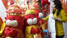 A vendor arranges toys in the shape of tiger at a market in Urumqi, capital of northwest China's Xinjiang Uygur Autonomous Region, January 26, 2010.