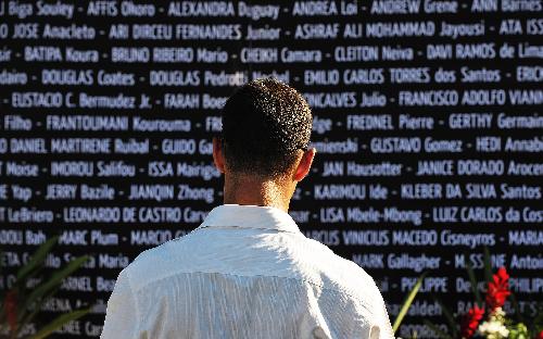 A United Nations staff member mourns for his colleagues dead in the earthquake in front of the name wall for victims during a memorial service in Port-au-Prince, capital of Haiti, January 28, 2010. The UN confirmed on Thursday that 85 of it staff members lost their lives in the earthquake.