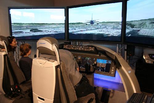 Attendees experience the flight simulation system at the Singapore