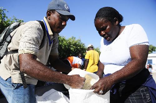 A local resident gets food at a food distribution site opened by United Nations agency the World Food Program (WFP) in Port-au-Prince, capital of Haiti, on February 2, 2010. 