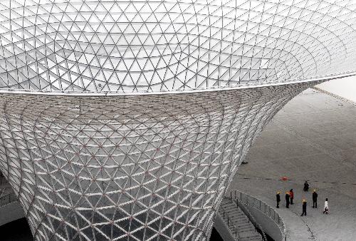 The photo taken on February 3, 2010 shows the Sun Valley of the Expo Axis equipped with LED lights in 2010 World Expo Site in east China's Shanghai Municipality.