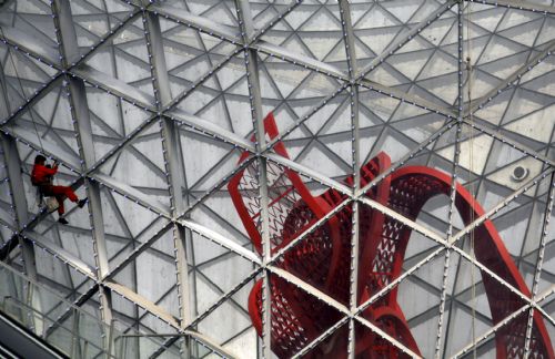 Builders work on the Sunshine Valley of 2010 Shanghai World Expo, in Shanghai, east China, Feb. 19, 2010. 