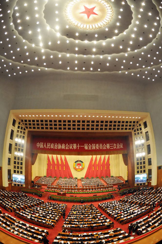 The Third Session of the 11th National Committee of the Chinese People's Political Consultative Conference (CPPCC) opens at the Great Hall of the People in Beijing, capital of China, March 3, 2010.