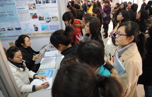 Girl graduates queue up for interviews for their jobs with employers at a girl graduate-only job fair in Beijing, capital city of China, March 3, 2010. 
