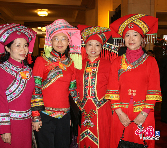 Deputies from ethnic minority groups attend the National People&apos;s Congress at the Great Hall of the People in Beijing, March 5, 2010.