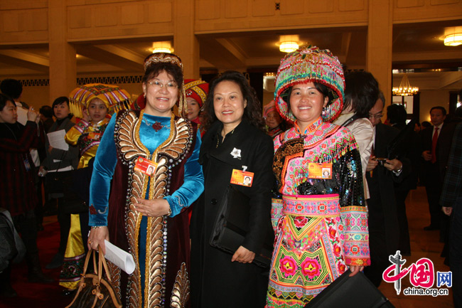 Ethnic minority deputies attend the National People&apos;s Congress at the Great Hall of the People in Beijing, March 5, 2010.