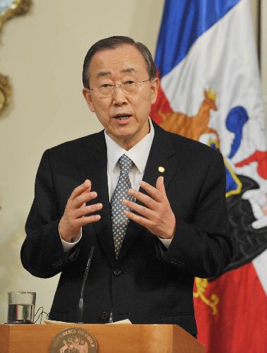 United Nations Secretary-General Ban Ki-moon speaks to reporters after a news conference with Chile's President Michelle Bachelet in Santiago, capital of Chile, March 5, 2010. 