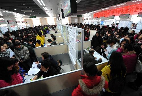 University students queue to enter a job fair designed for the female job applicants in Nanjing, capital of east China's Jiangsu Province, March 7, 2010.