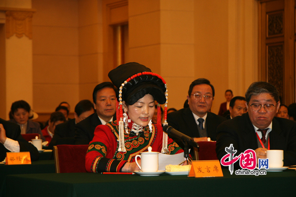 A woman deputy in ethnic attire is seen on a delegation meeting of the Third Session of the 11th National People&apos;s Congress.
