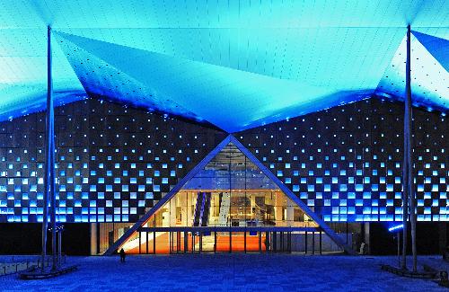 Photo taken on March 7, 2010 shows the illuminated theme pavilion at Shanghai Expo park during the light debugging, in Shanghai, east China.