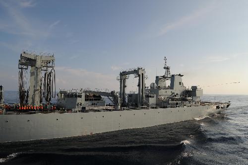 China's 'Weishanhu' supply ship prepares to refuel missile destroyer 'Guangzhou' during the task of replenishment in the Indian Ocean, March 9, 2010.