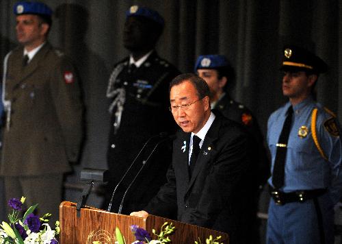UN Secretary-General Ban Ki-moon addresses the ceremony commemorating the 101 UN personnel that perished in Haiti's Jan. 12 earthquake at the UN headquarters in New York, the United States, March 9, 2010. 
