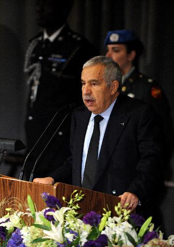 The President of the 64th session of the United Nations General Assembly (GA) Ali Treki addresses the ceremony commemorating the 101 UN personnel that perished in Haiti's Jan. 12 earthquake at the UN headquarters in New York, the United States, March 9, 2010. 