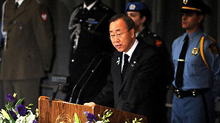 UN Secretary-General Ban Ki-moon addresses the ceremony commemorating the 101 UN personnel that perished in Haiti's Jan. 12 earthquake at the UN headquarters in New York, the United States, March 9, 2010.