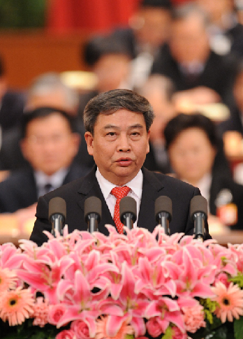 Zhu Zhenzhong, member of the 11th National Committee of the Chinese People's Political Consultative Conference (CPPCC), speaks at the fourth plenary meeting of the Third Session of the 11th CPPCC National Committee at the Great Hall of the People in Beijing, capital of China, March 10, 2010.