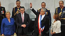 Sebastian Pinera (2nd R, Front) waves to audience at the Congress house in Valparaiso, Chile, on March 11, 2010.