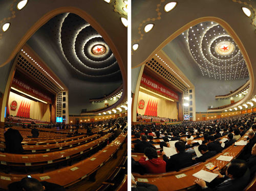 Combined photo shows the lights in the Great Hall of the People before (L) and during (R) the fourth plenary meeting of the Third Session of the 11th National People's Congress in Beijing, China, March 11, 2010. 