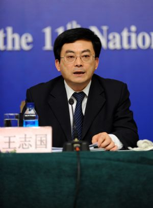 Wang Zhiguo, vice minister of Ministry of Railways (MOR), speaks during a press conference on high-speed railway construction and development in China held on the sidelines of the Third Session of the 11th NPC in Beijing, China, March 13, 2010.