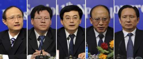 Combined photo shows officials of Ministry of Railways (MOR) Zheng Jian, Yu Bangli, Wang Zhiguo, He Huawu, and Zhang Shuguang attend a press conference on high-speed railway construction and development in China held on the sidelines of the Third Session of the 11th NPC in Beijing, China, March 13, 2010.