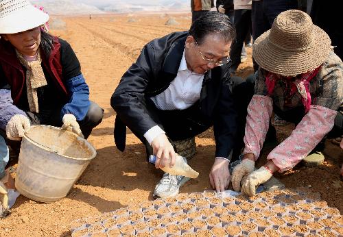 Chinese Premier Wen Jiabao (C) adds soil to the plastic bags to rear corn seedlings in the field in Luliang County, southwest China&apos;s Yunnan Province, March 20, 2010. 