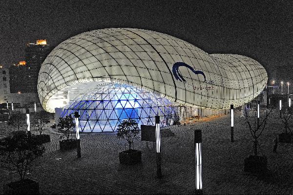 The Chinese Aviation Pavilion at the west part of the Shanghai World Expo Park is seen illuminated on March 31, 2010 in Shanghai, China. 