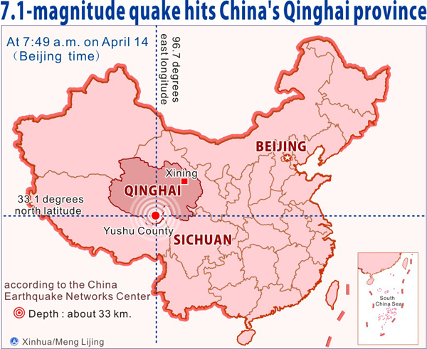A 7.1-magnitude earthquake hit northwest China's Qinghai Province early on Wednesday, the China Earthquake Networks Center said.