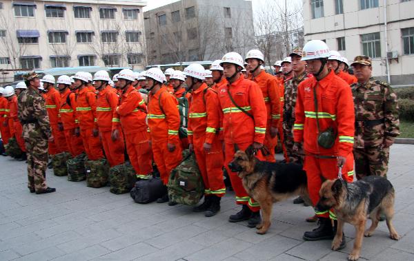 A rescue team of fire fighters prepare to leave Yinchuan, capital of northwest China's Ningxia Hui Autonomous Region, April 14, 2010. 
