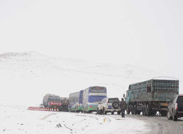 A long fleet of cargo vehicles transports quake-relief materials to Yushu, northwest China's Qinghai Province, April 19, 2010. The quake-relief materials were continuously transported to the disaster areas despite the snowfall and frozen road surface.