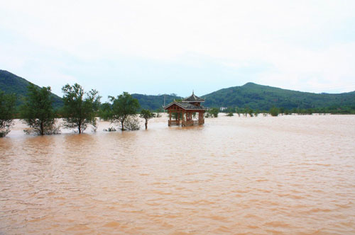 Triggered by torrential rain over the past few days, a raging torrent swept through Gongcheng Autonomous Prefecture in Guangxi, April 22, 2010. 