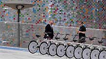 Employees sort the bicycles in the Denmark Pavilion in the World Expo Park in Shanghai, east China, April 25, 2010.